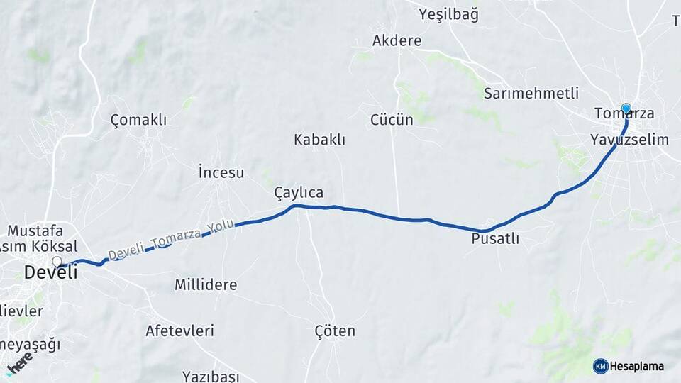 Kayseri Tomarza Develi Arası Kaç Km - Yol Haritası