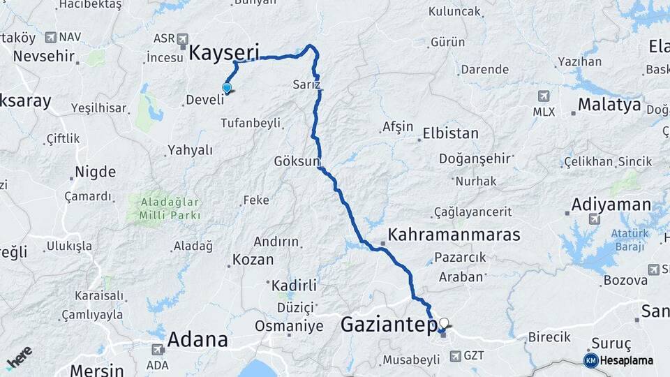 Kayseri Tomarza Gaziantep Arası Kaç Km - Yol Haritası
