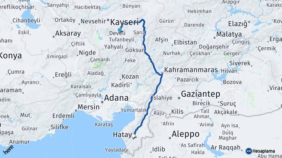Kayseri Tomarza Hatay Arası Kaç Km - Yol Haritası