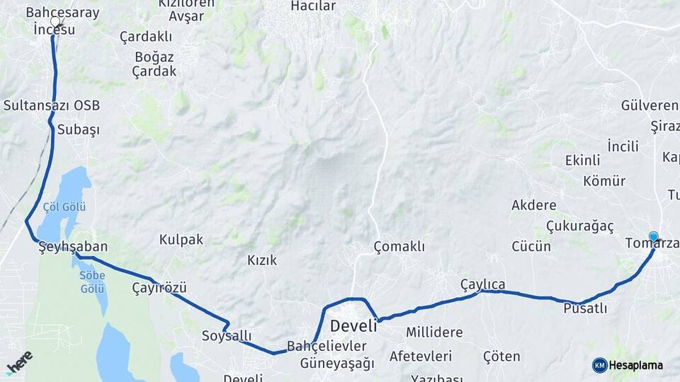 Kayseri Tomarza İncesu Arası Kaç Km - Yol Haritası
