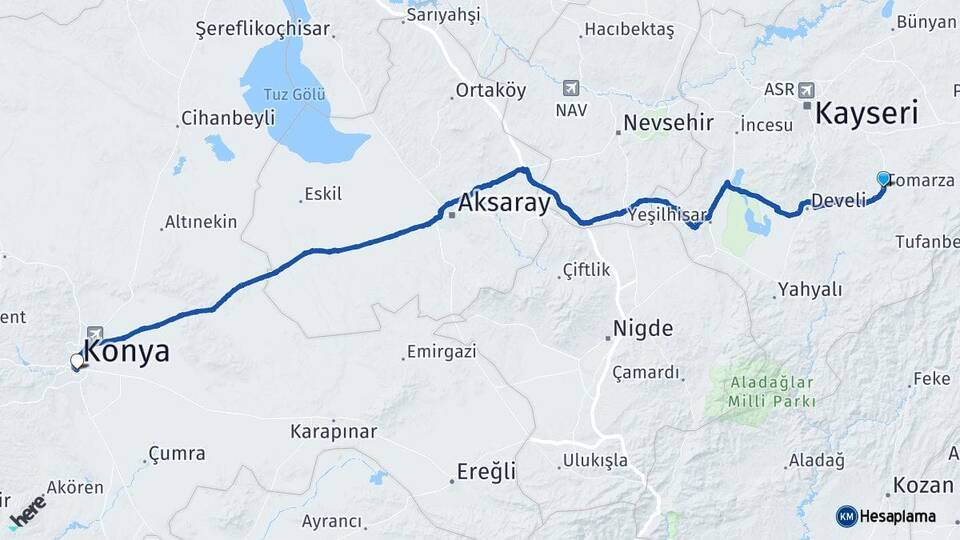 Kayseri Tomarza Konya Arası Kaç Km - Yol Haritası