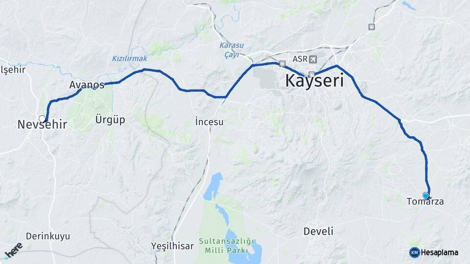Kayseri Tomarza Nevşehir Arası Kaç Km - Yol Haritası