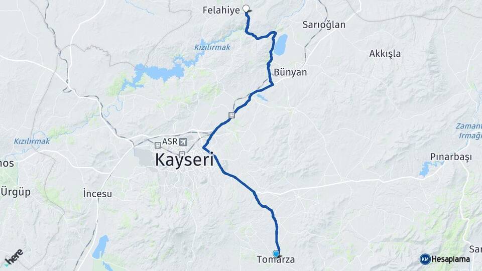 Kayseri Tomarza Özvatan Arası Kaç Km - Yol Haritası