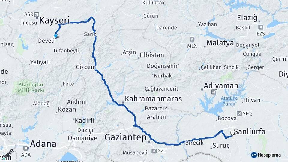 Kayseri Tomarza Şanlıurfa Arası Kaç Km - Yol Haritası