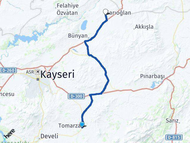 Kayseri Tomarza Sarıoğlan Arası Kaç Km - Yol Haritası