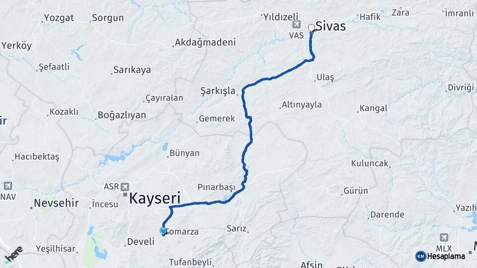 Kayseri Tomarza Sivas Arası Kaç Km - Yol Haritası
