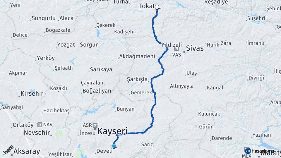 Kayseri Tomarza Tokat Arası Kaç Km - Yol Haritası
