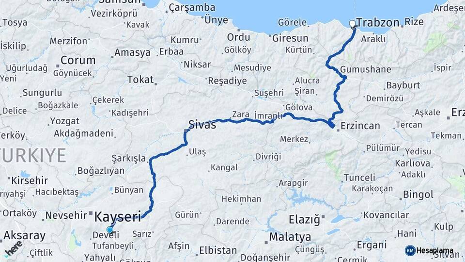 Kayseri Tomarza Trabzon Arası Kaç Km - Yol Haritası