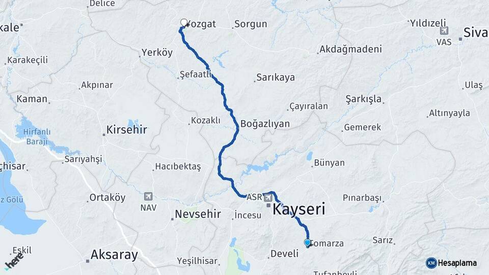 Kayseri Tomarza Yozgat Arası Kaç Km - Yol Haritası