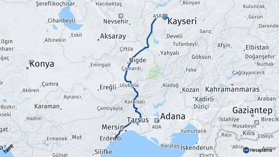 Kayseri Tömük Erdemli Mersin Arası Kaç Km - Yol Haritası