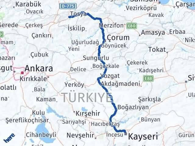 Kayseri Tosya Kastamonu Arası Kaç Km - Yol Haritası