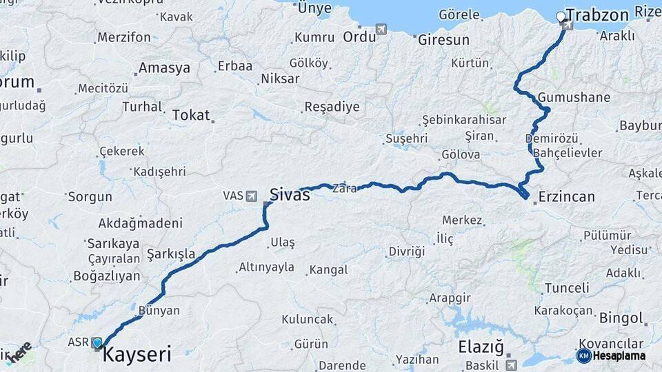 Kayseri Trabzon Arası Kaç Km - Yol Haritası