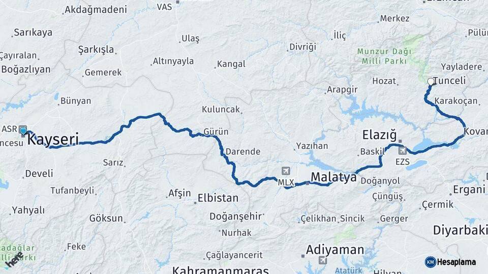 Kayseri Tunceli Arası Kaç Km - Yol Haritası