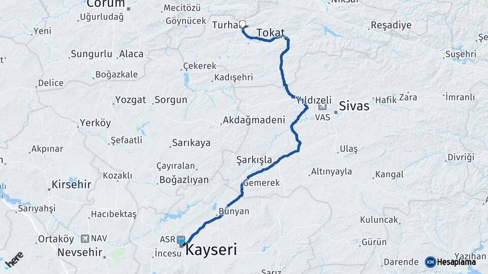 Kayseri Turhal Tokat Arası Kaç Km - Yol Haritası