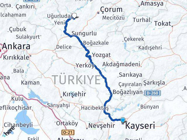 Kayseri Uğurludağ Çorum Arası Kaç Km - Yol Haritası