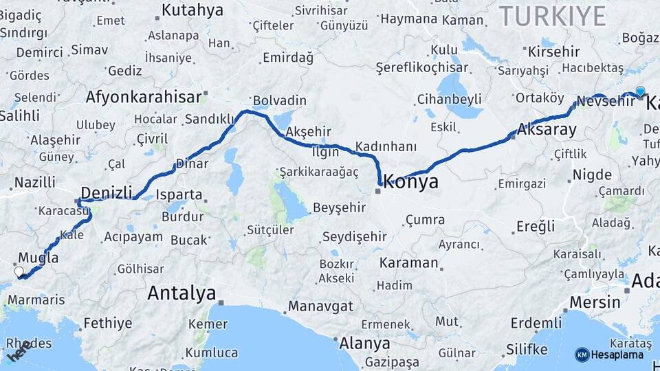 Kayseri Ula Muğla Arası Kaç Km - Yol Haritası