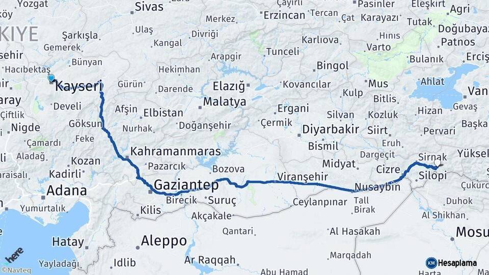 Kayseri Uludere Şırnak Arası Kaç Km - Yol Haritası