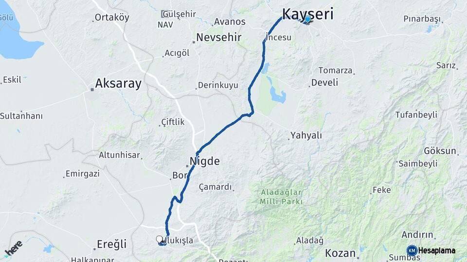Kayseri Ulukışla Niğde Arası Kaç Km - Yol Haritası