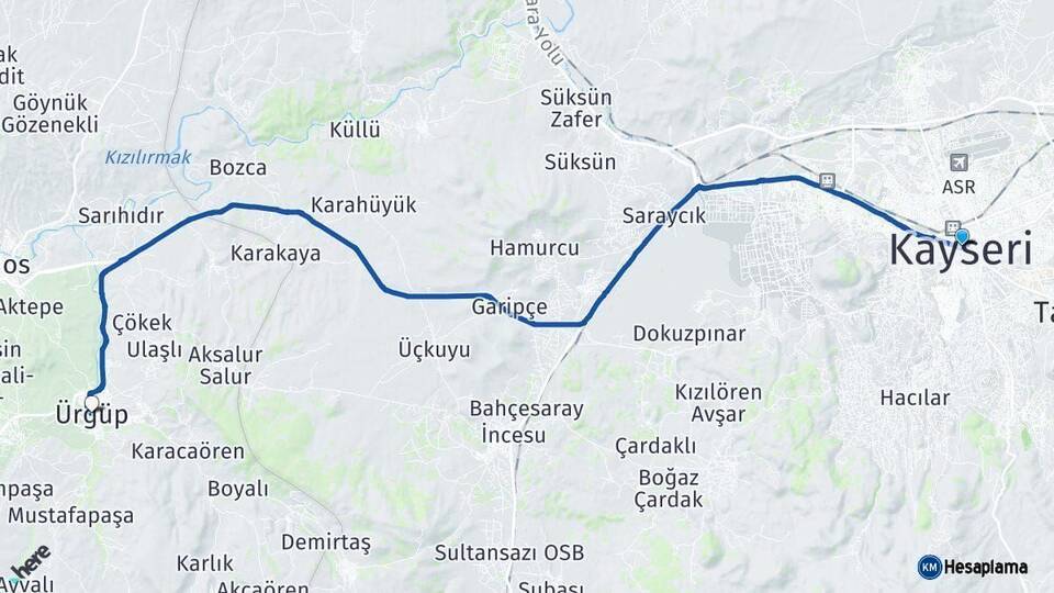 Kayseri Ürgüp Nevşehir Arası Kaç Km - Yol Haritası