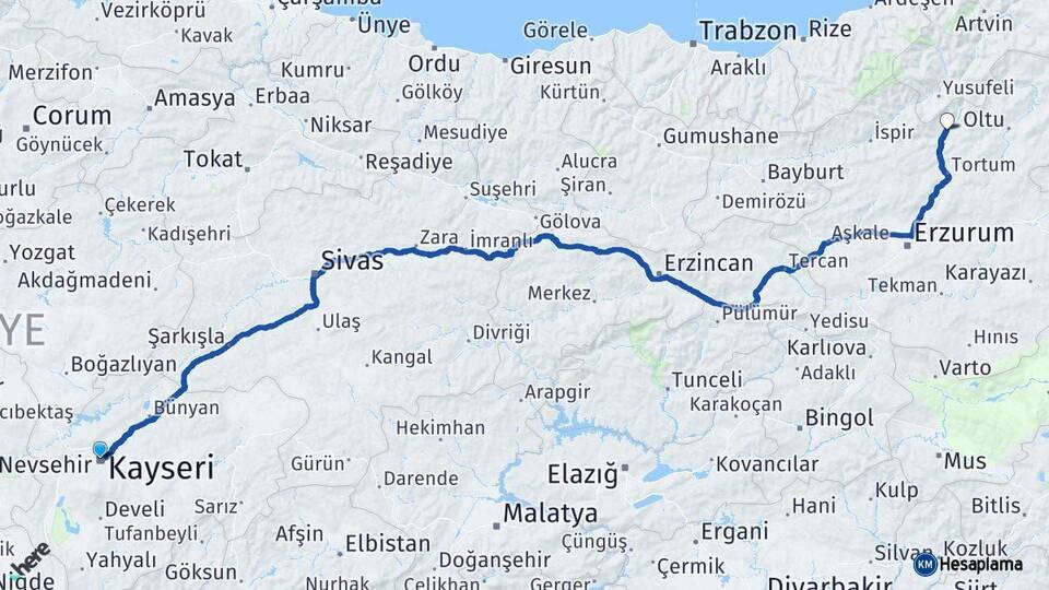 Kayseri Uzundere Erzurum Arası Kaç Km - Yol Haritası
