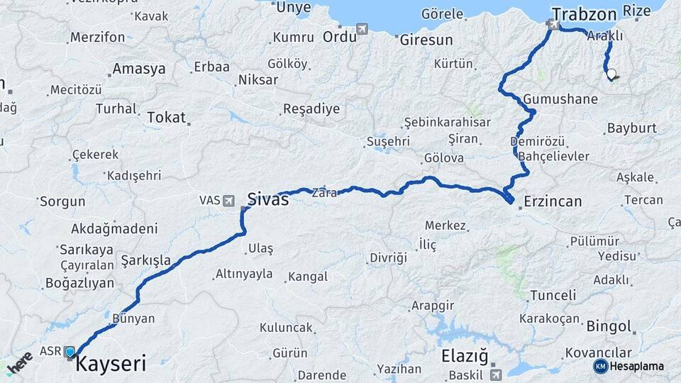 Kayseri Uzungöl Çaykara Trabzon Arası Kaç Km - Yol Haritası