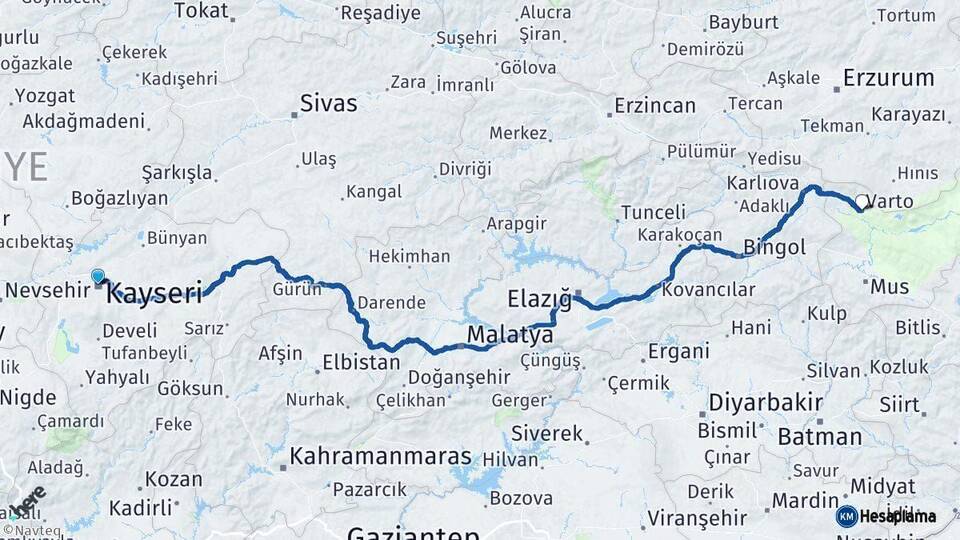 Kayseri Varto Muş Arası Kaç Km - Yol Haritası