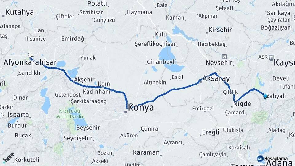 Kayseri Yahyalı Afyonkarahisar Arası Kaç Km - Yol Haritası