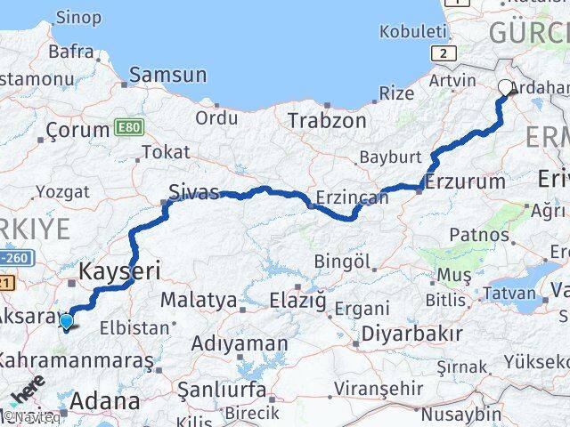 Kayseri Yahyalı Ardahan Arası Kaç Km - Yol Haritası