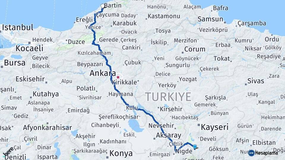 Kayseri Yahyalı Bartın Arası Kaç Km - Yol Haritası