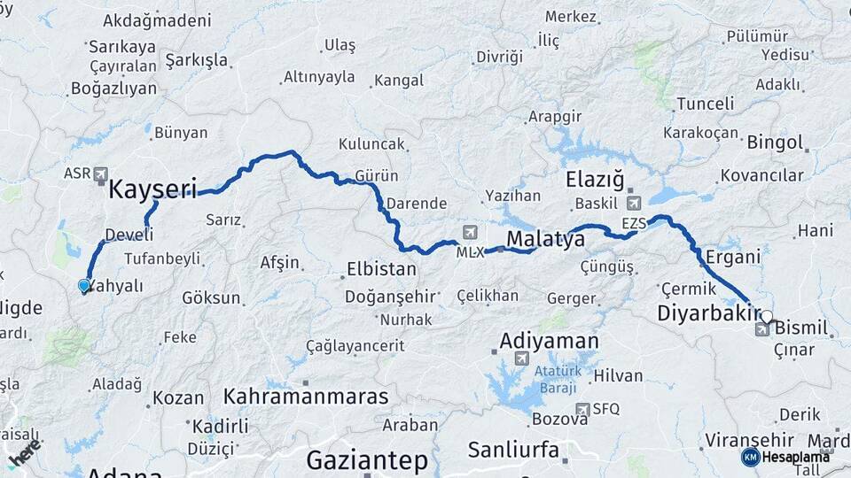 Kayseri Yahyalı Diyarbakır Arası Kaç Km - Yol Haritası