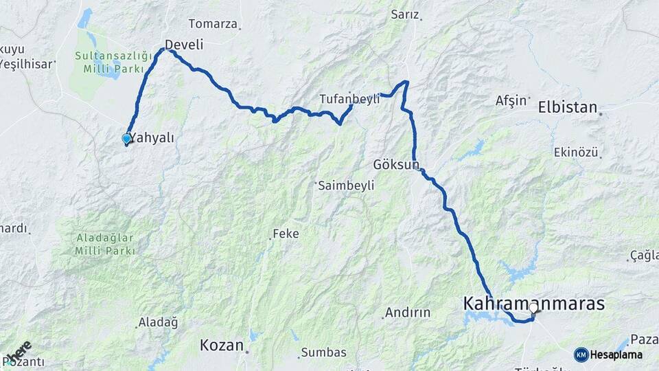 Kayseri Yahyalı Kahramanmaraş Arası Kaç Km - Yol Haritası