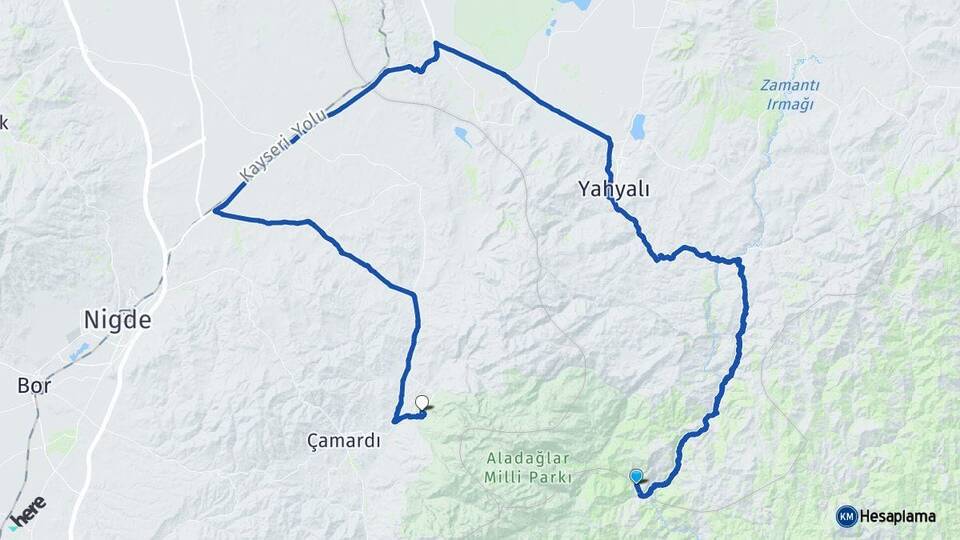 Kayseri Yahyalı Kapuzbaşı Demirkazık Çamardı Niğde Arası Kaç Km - Yol Haritası