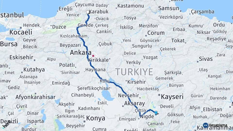 Kayseri Yahyalı Karabük Arası Kaç Km - Yol Haritası