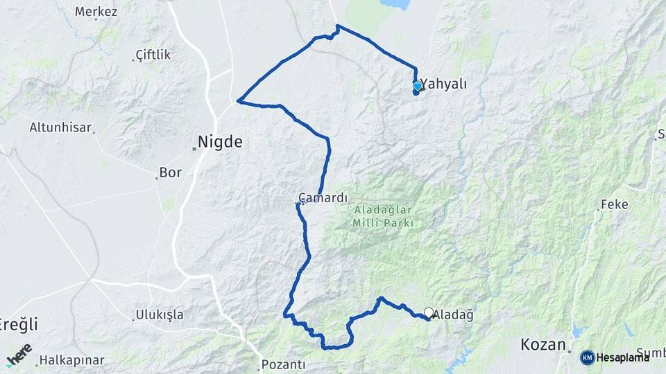 Kayseri Yahyalı Mansurlu Aladağ Adana Arası Kaç Km - Yol Haritası
