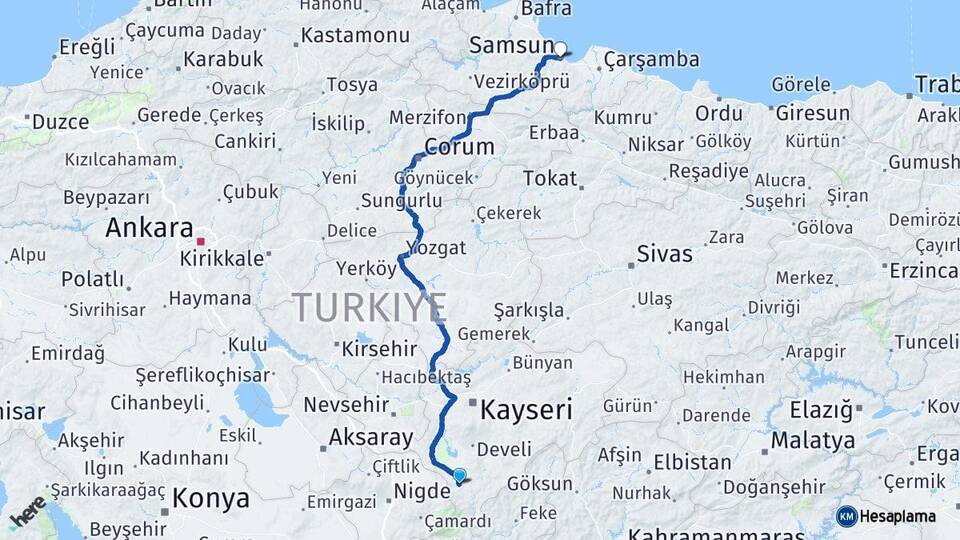 Kayseri Yahyalı Samsun Arası Kaç Km - Yol Haritası