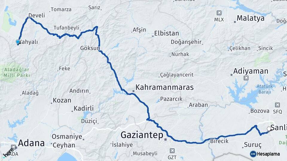 Kayseri Yahyalı Şanlıurfa Arası Kaç Km - Yol Haritası