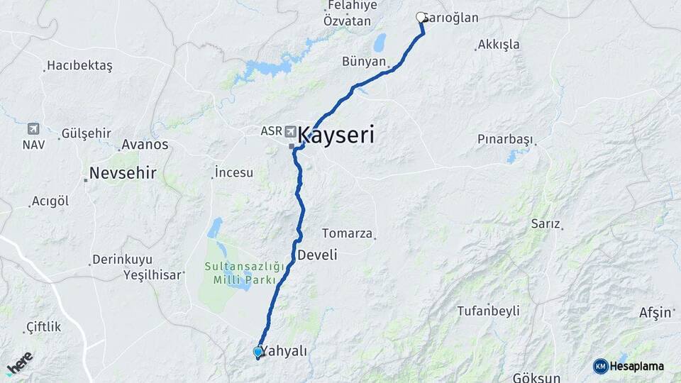 Kayseri Yahyalı Sarıoğlan Arası Kaç Km - Yol Haritası
