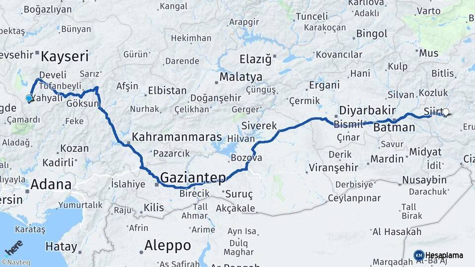 Kayseri Yahyalı Siirt Arası Kaç Km - Yol Haritası