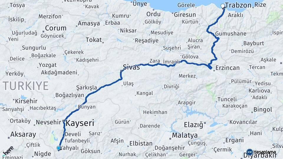 Kayseri Yahyalı Trabzon Arası Kaç Km - Yol Haritası