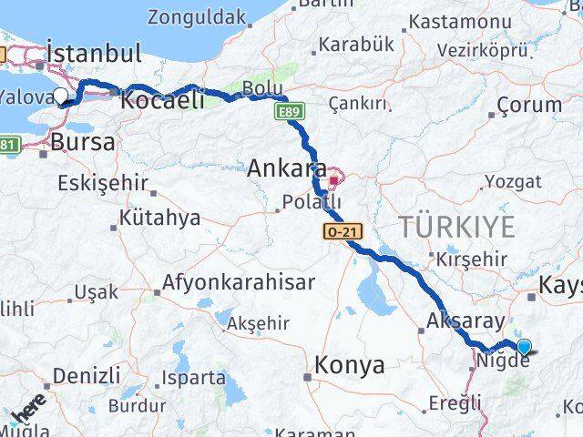 Kayseri Yahyalı Yalova Arası Kaç Km - Yol Haritası