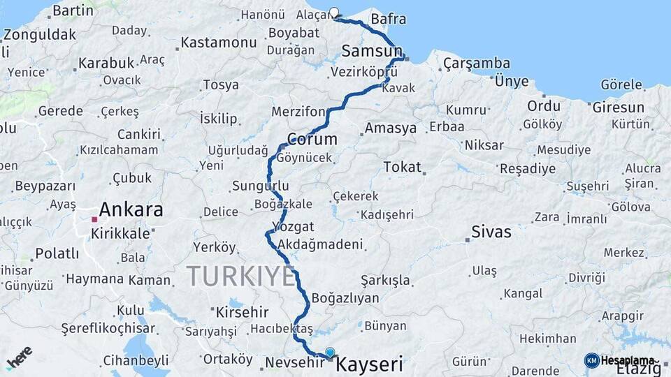 Kayseri Yakakent Samsun Arası Kaç Km - Yol Haritası