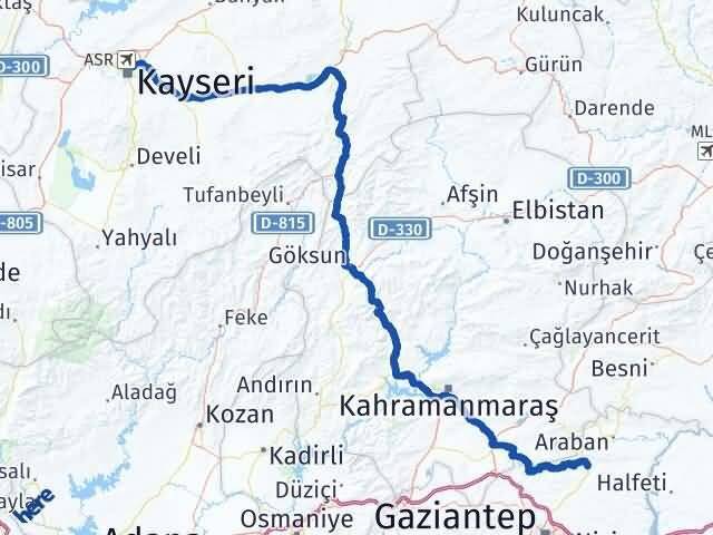 Kayseri Yavuzeli Gaziantep Arası Kaç Km - Yol Haritası