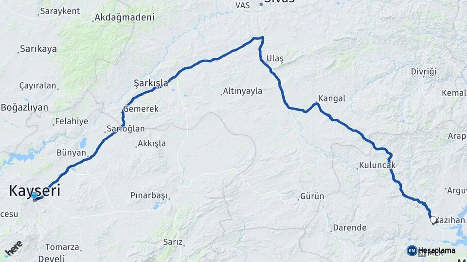 Kayseri Yazıhan Malatya Arası Kaç Km - Yol Haritası