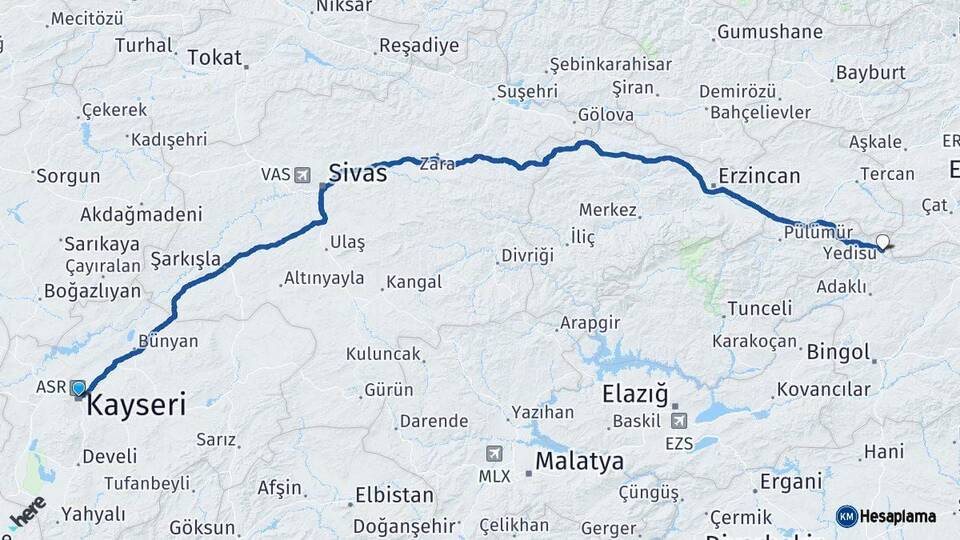 Kayseri Yedisu Bingöl Arası Kaç Km - Yol Haritası
