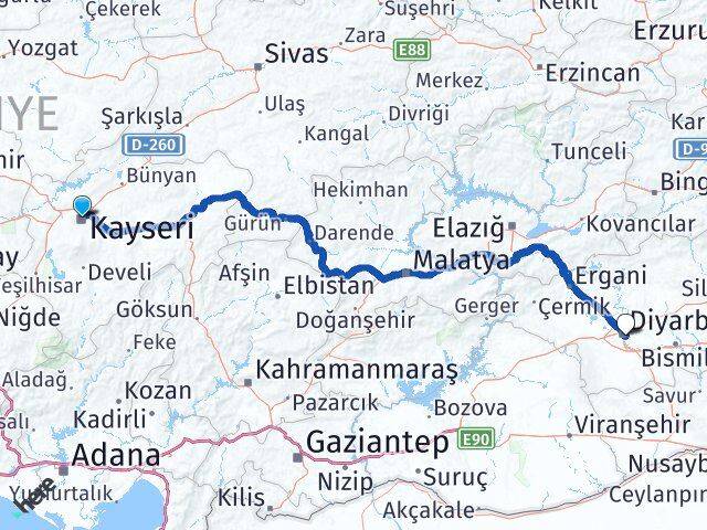 Kayseri Yenişehir Diyarbakır Arası Kaç Km - Yol Haritası