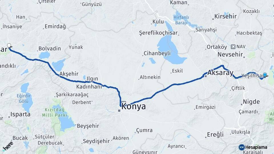 Kayseri Yeşilhisar Afyonkarahisar Arası Kaç Km - Yol Haritası
