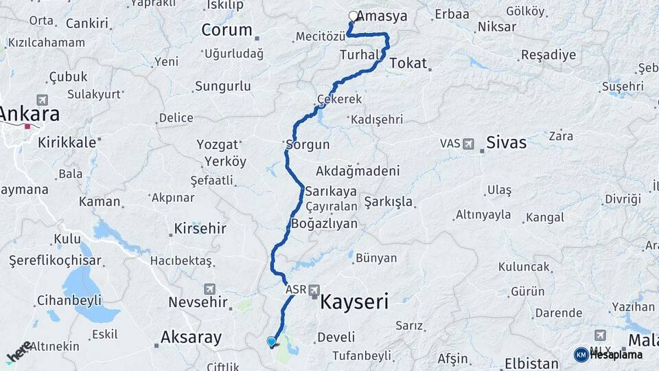 Kayseri Yeşilhisar Amasya Arası Kaç Km - Yol Haritası