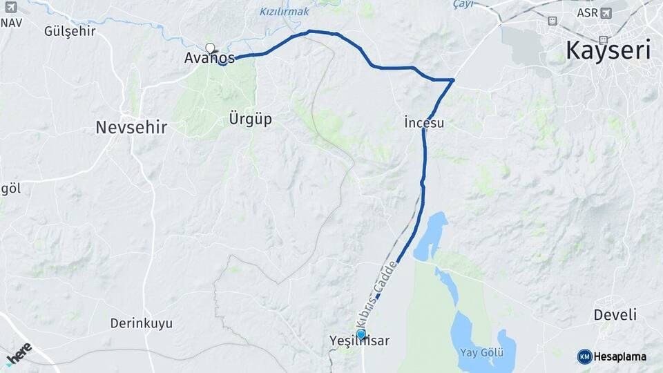 Kayseri Yeşilhisar Avanos Nevşehir Arası Kaç Km - Yol Haritası