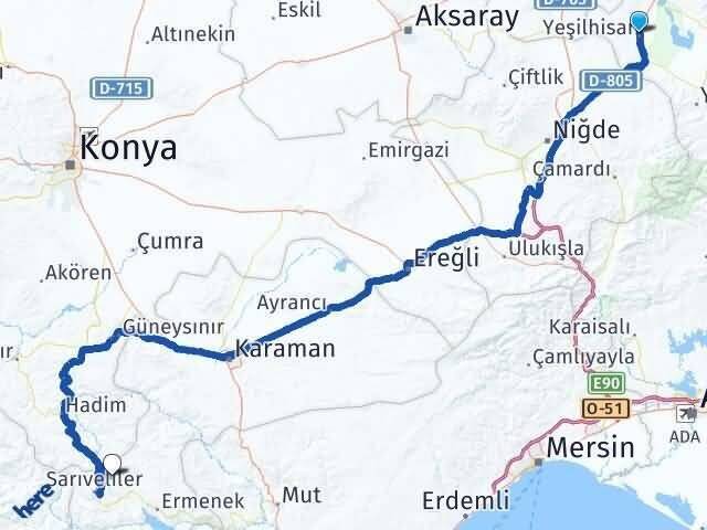 Kayseri Yeşilhisar Başyayla Karaman Arası Kaç Km - Yol Haritası