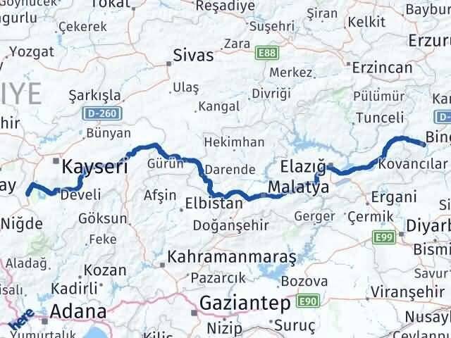 Kayseri Yeşilhisar Bingöl Arası Kaç Km - Yol Haritası